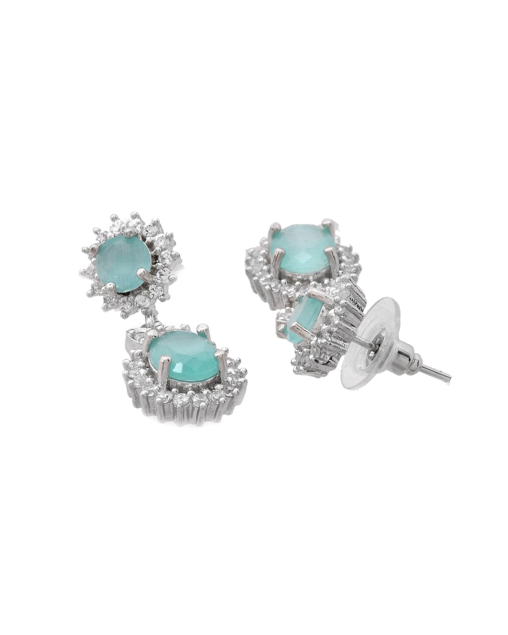 VOJ Silver Plated Sea Green Ad Studded Designer Jewellery Set