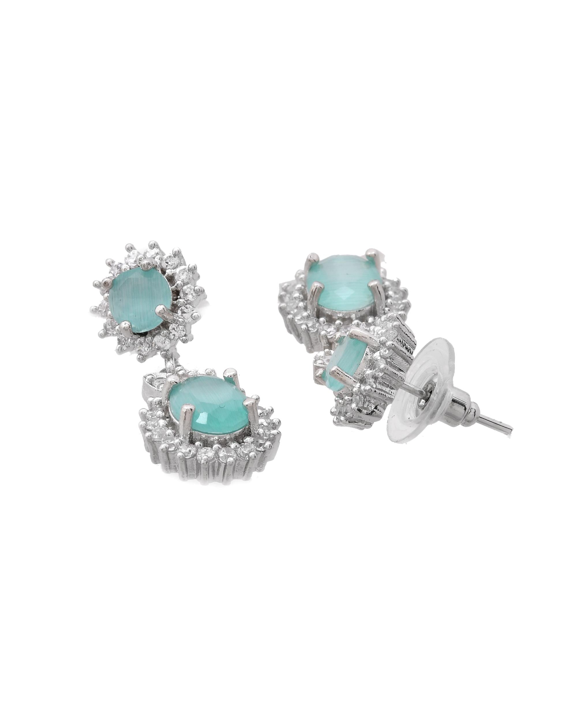 VOJ Silver Plated Sea Green Ad Studded Designer Jewellery Set