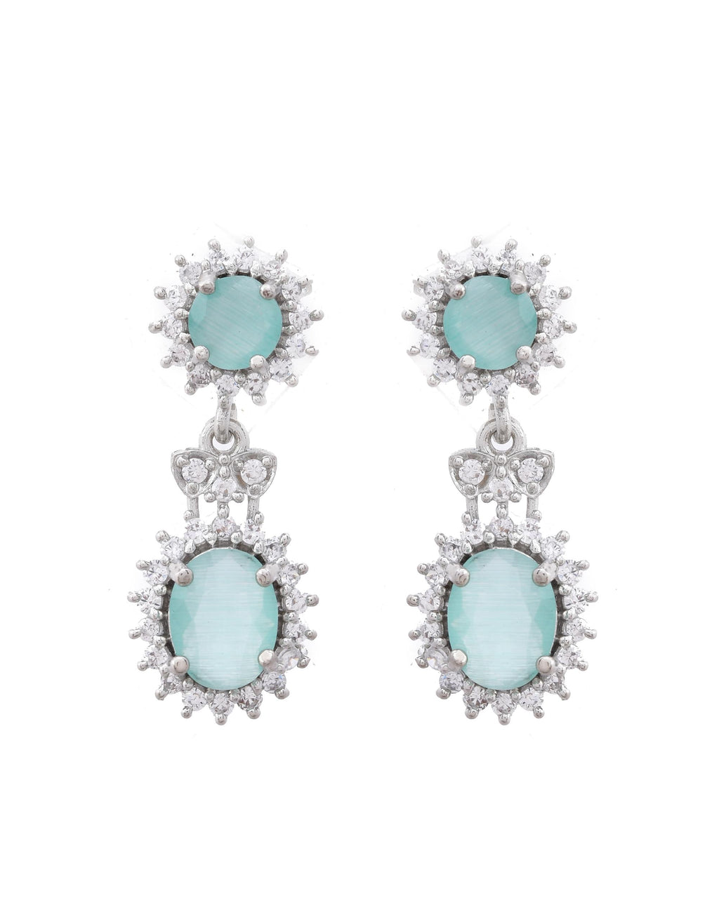VOJ Silver Plated Sea Green Ad Studded Designer Jewellery Set