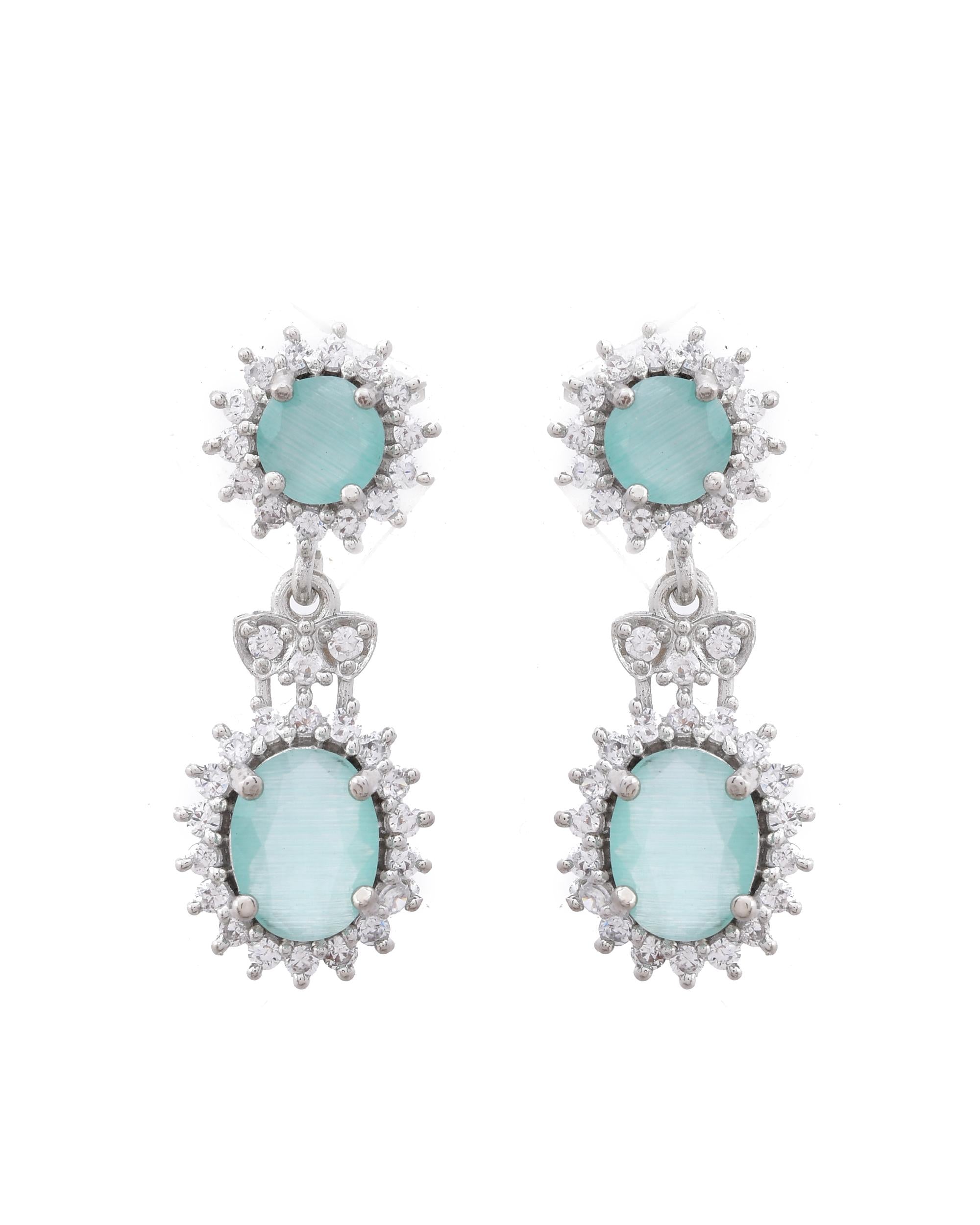 VOJ Silver Plated Sea Green Ad Studded Designer Jewellery Set