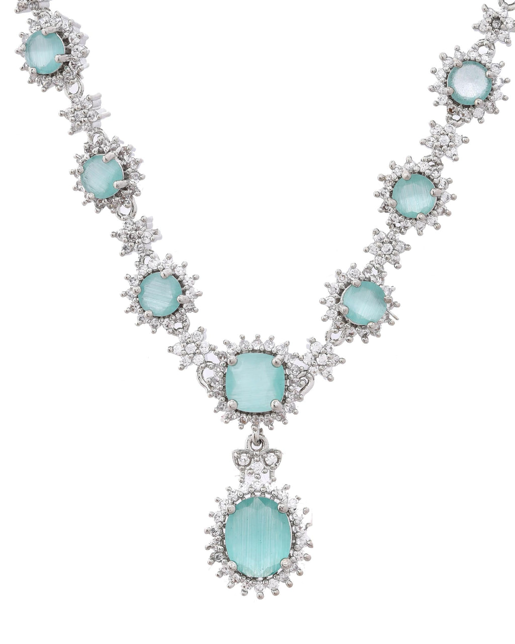 VOJ Silver Plated Sea Green Ad Studded Designer Jewellery Set