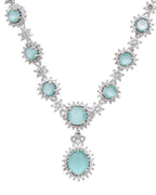 VOJ Silver Plated Sea Green Ad Studded Designer Jewellery Set
