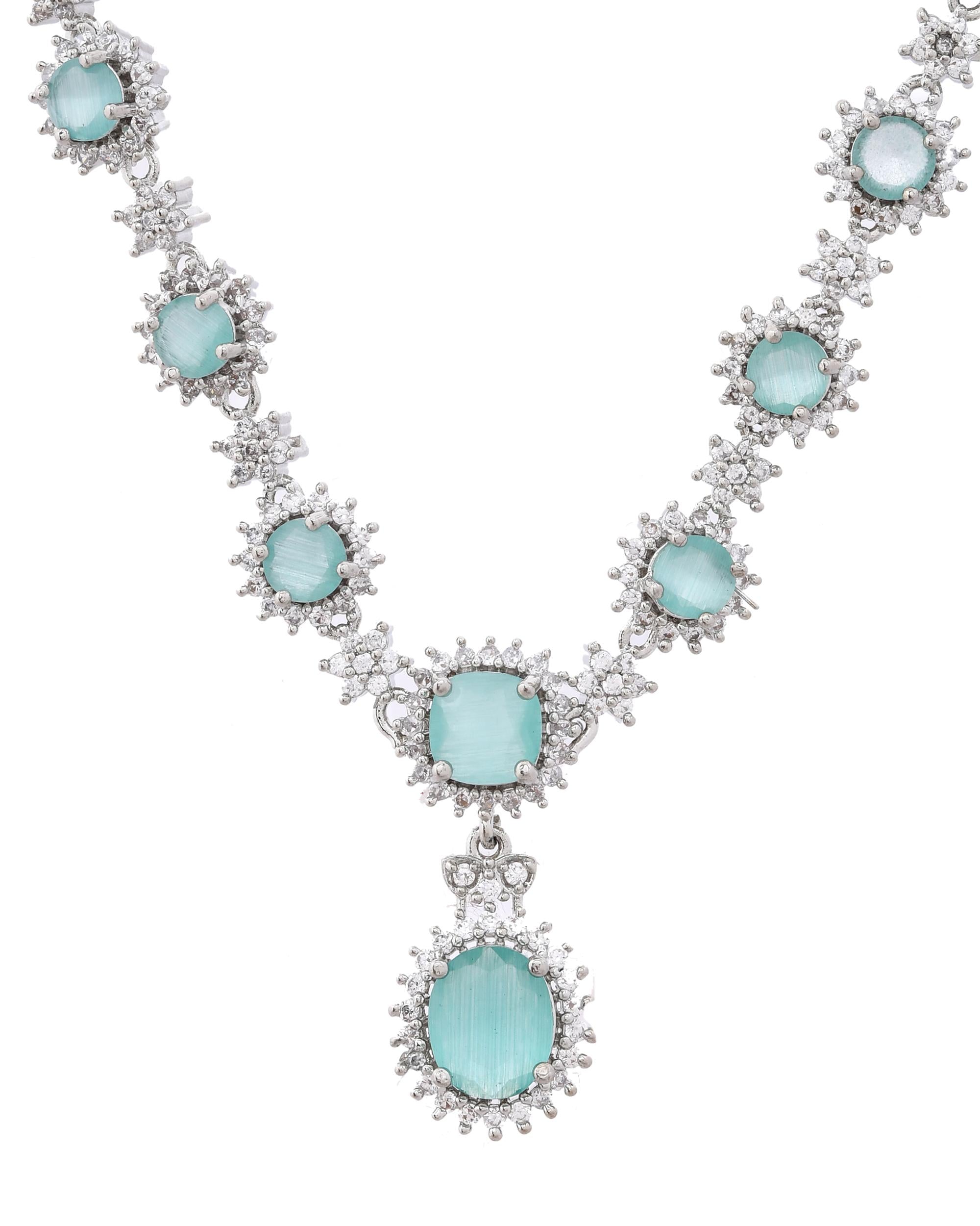 VOJ Silver Plated Sea Green Ad Studded Designer Jewellery Set