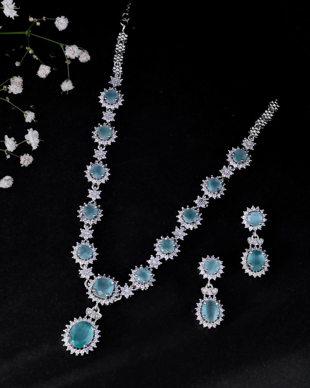 VOJ Silver Plated Sea Green Ad Studded Designer Jewellery Set