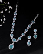 VOJ Silver Plated Sea Green Ad Studded Designer Jewellery Set