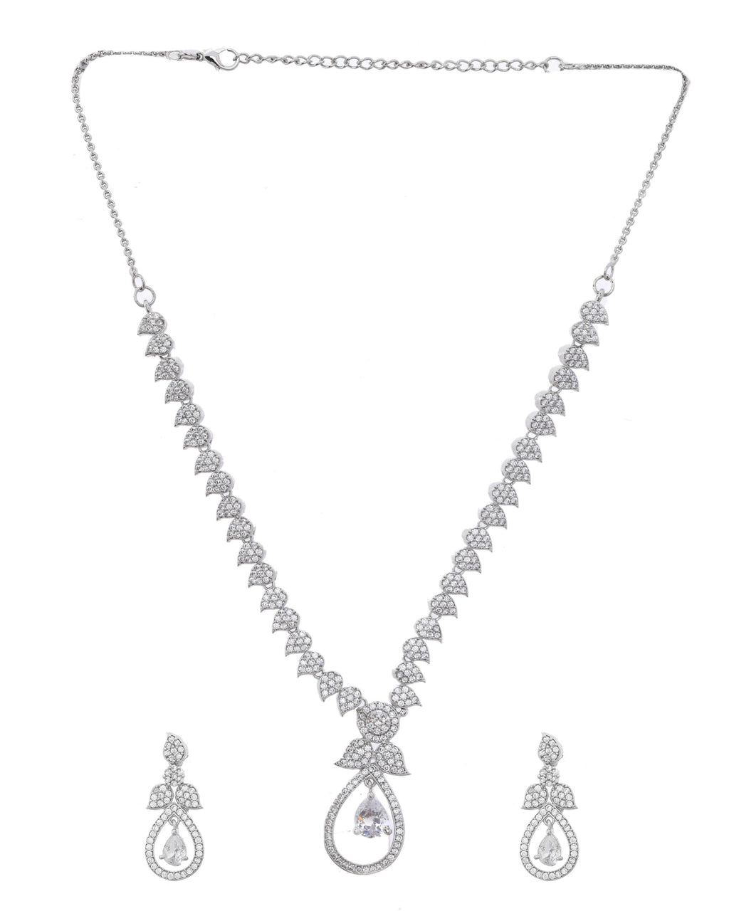 VOJ Silver Plated Ad Studded Designer Necklace With Earrings Set