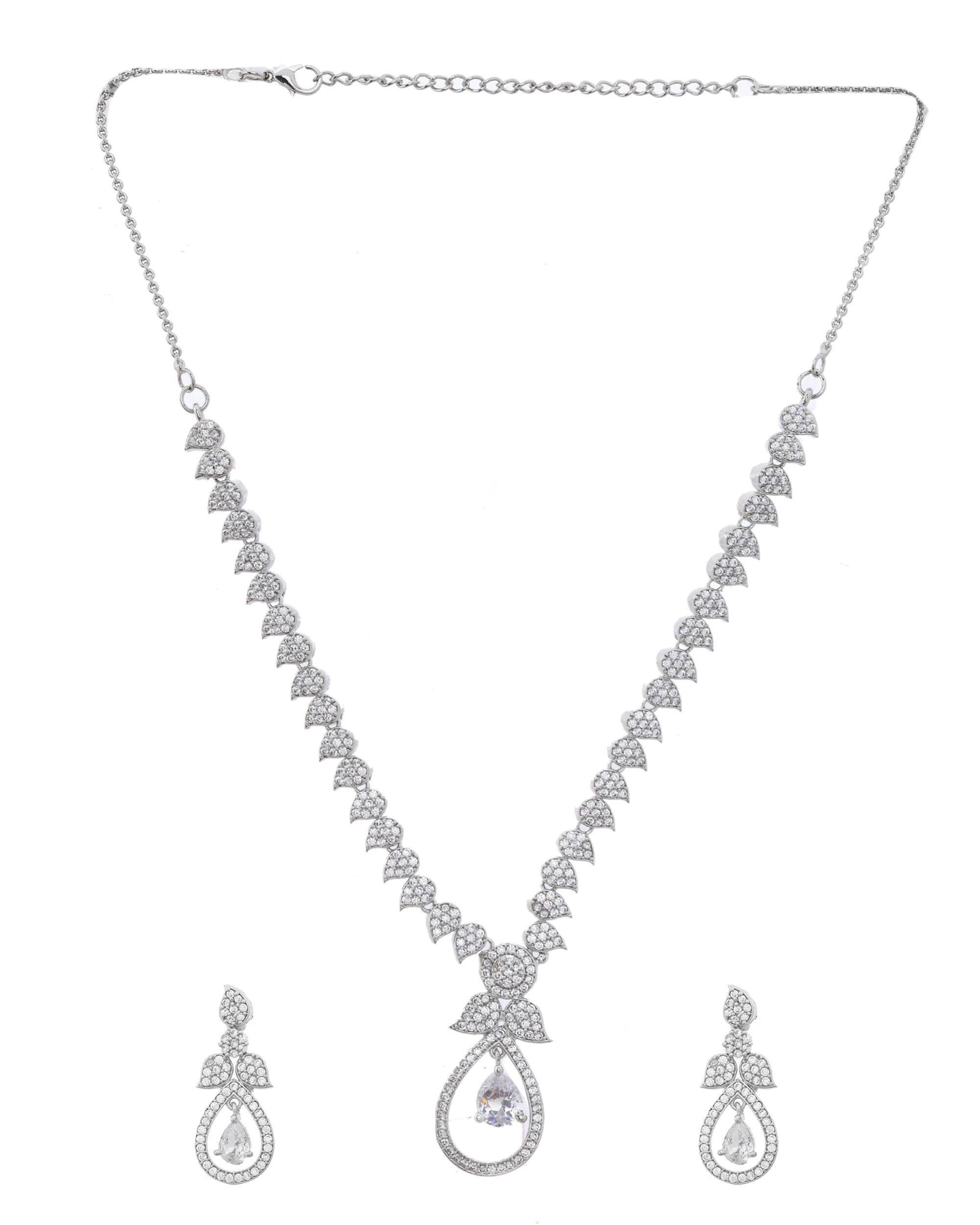 VOJ Silver Plated Ad Studded Designer Necklace With Earrings Set
