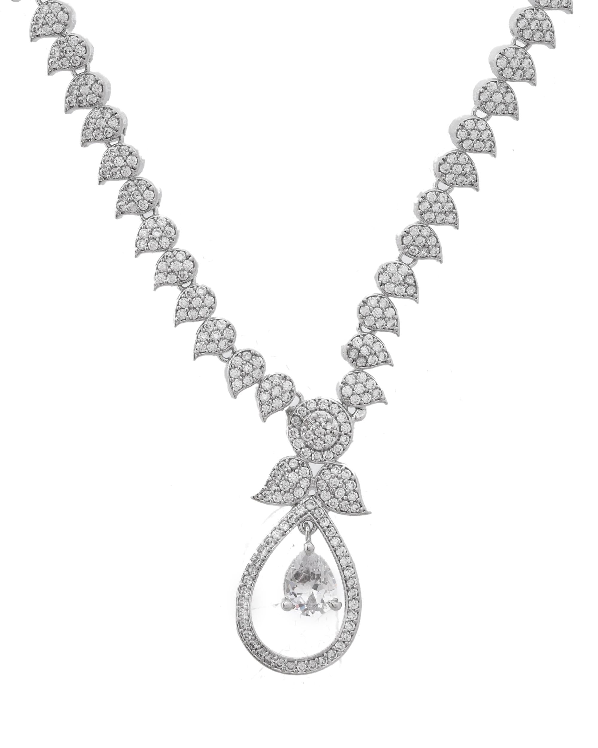 VOJ Silver Plated Ad Studded Designer Necklace With Earrings Set