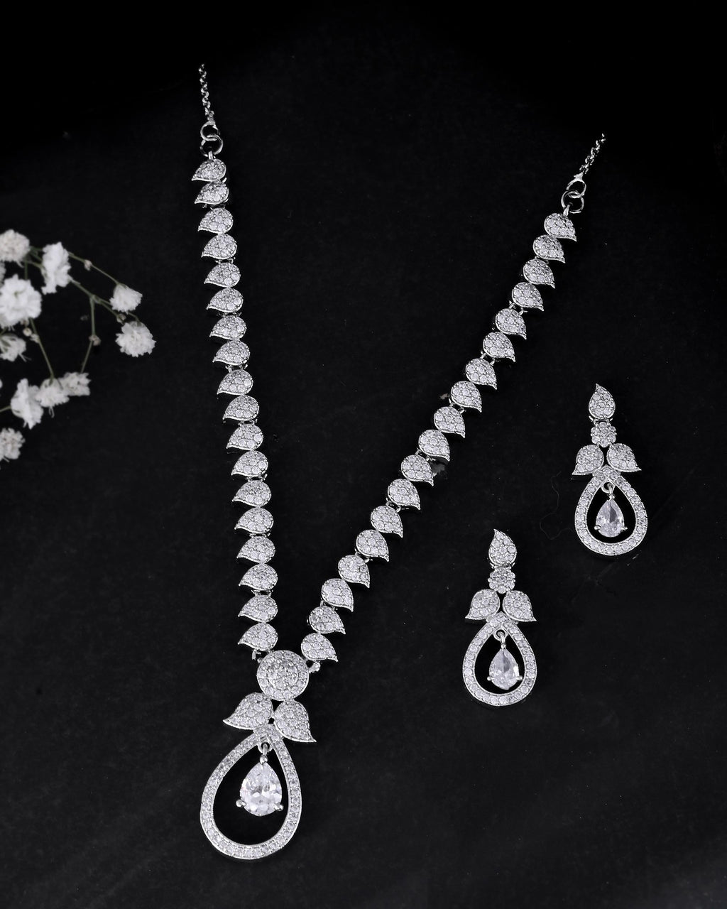 VOJ Silver Plated Ad Studded Designer Necklace With Earrings Set