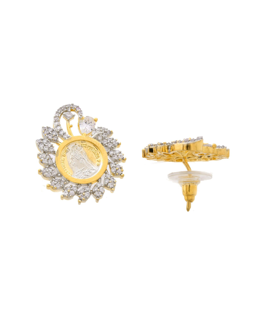 VOJ Dual Toned Ad-Studded Pendant With Chain And Earrings Set