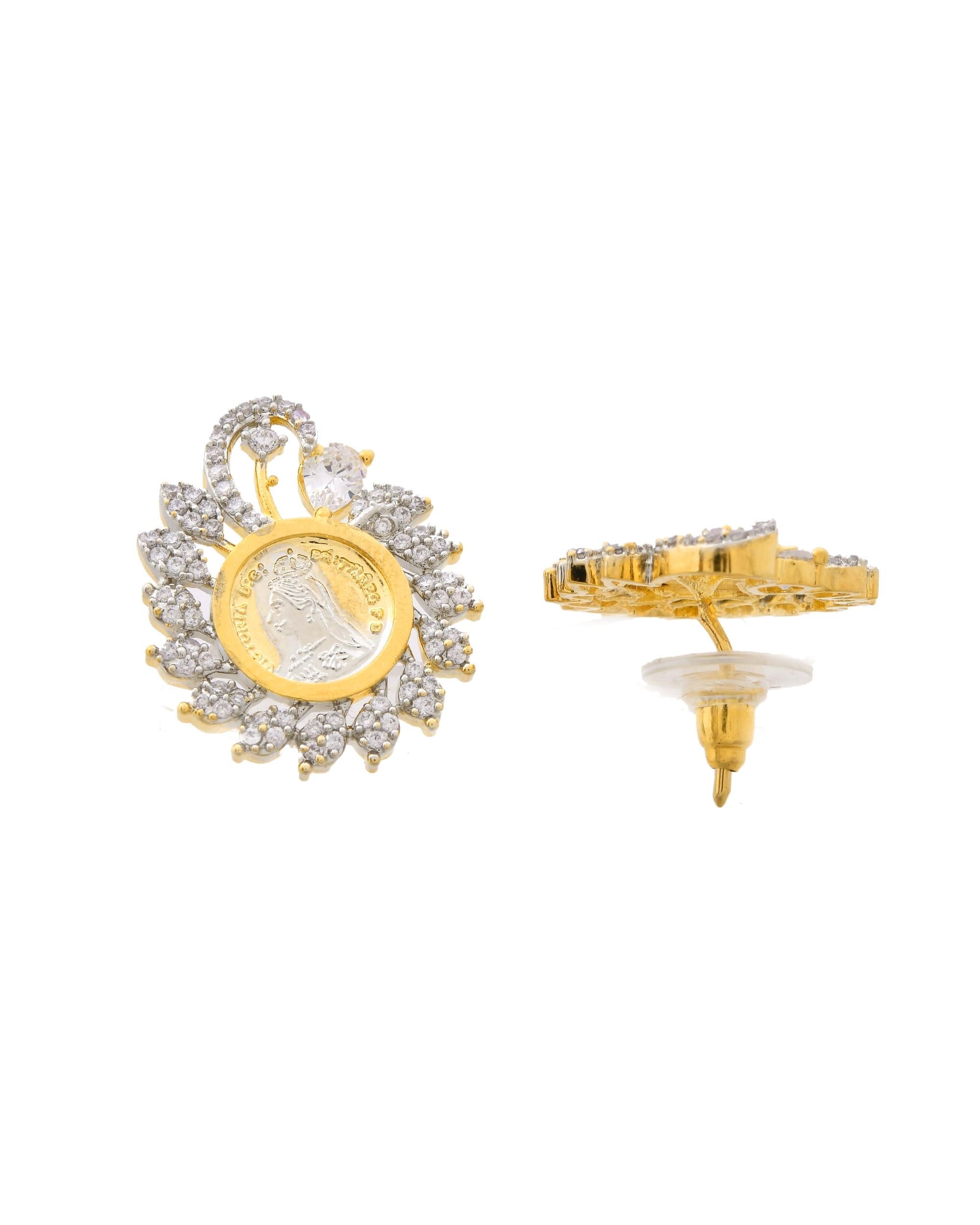 VOJ Dual Toned Ad-Studded Pendant With Chain And Earrings Set