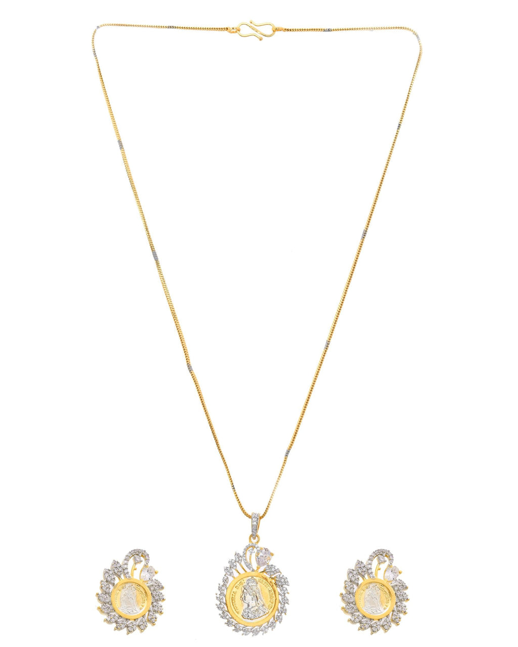 VOJ Dual Toned Ad-Studded Pendant With Chain And Earrings Set