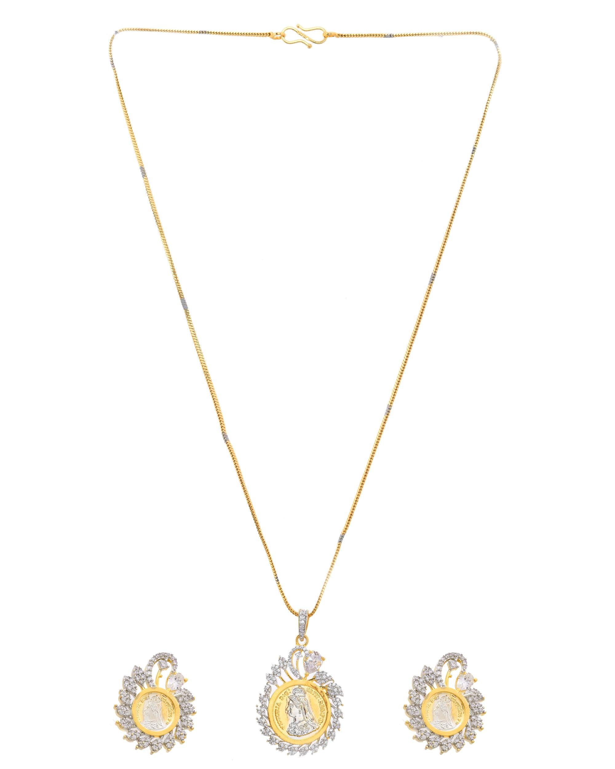 VOJ Dual Toned Ad-Studded Pendant With Chain And Earrings Set