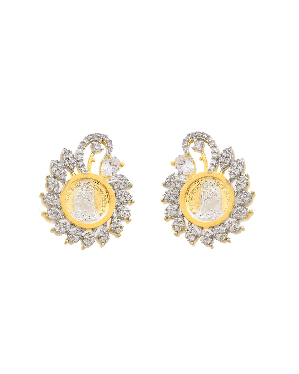VOJ Dual Toned Ad-Studded Pendant With Chain And Earrings Set