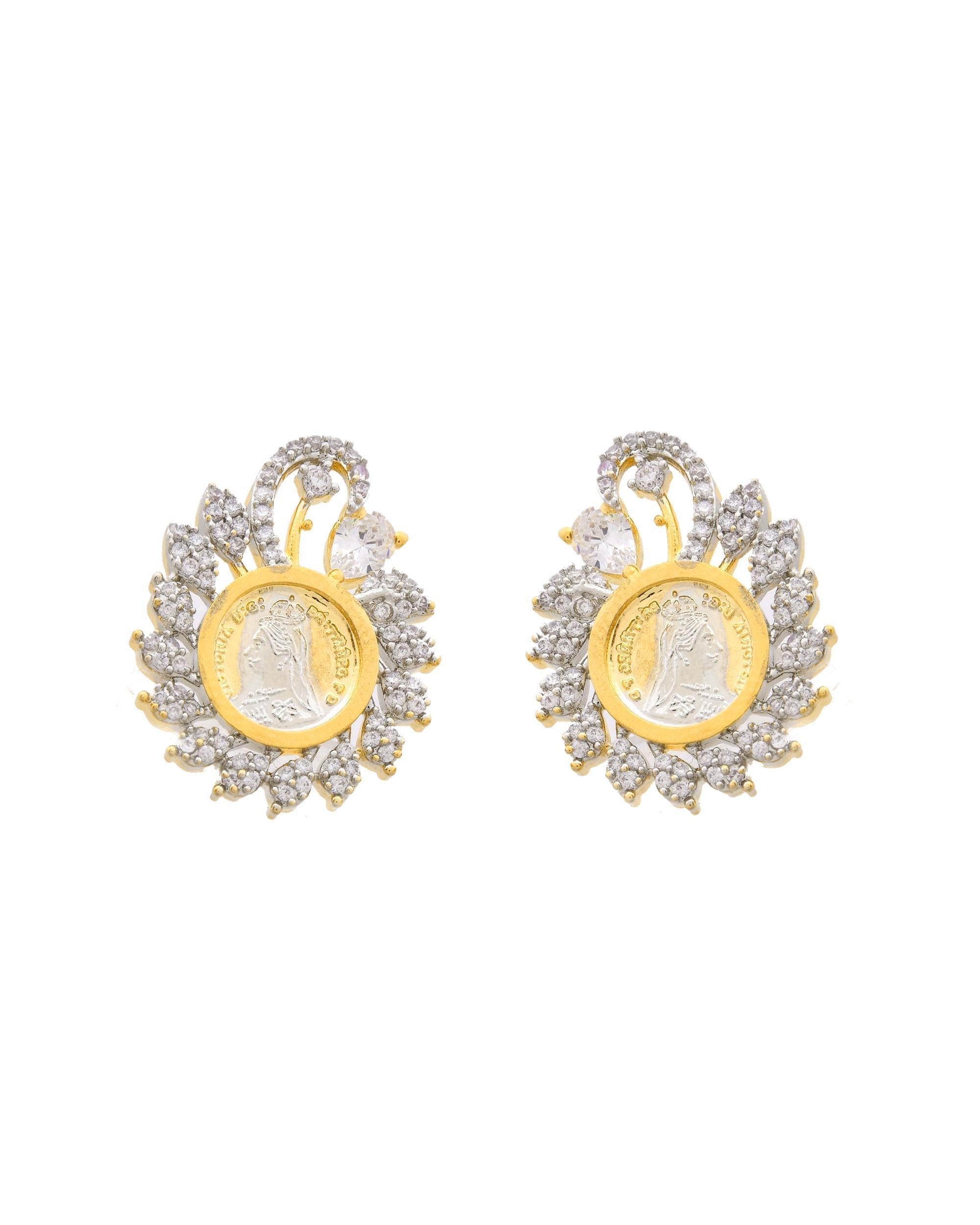 VOJ Dual Toned Ad-Studded Pendant With Chain And Earrings Set