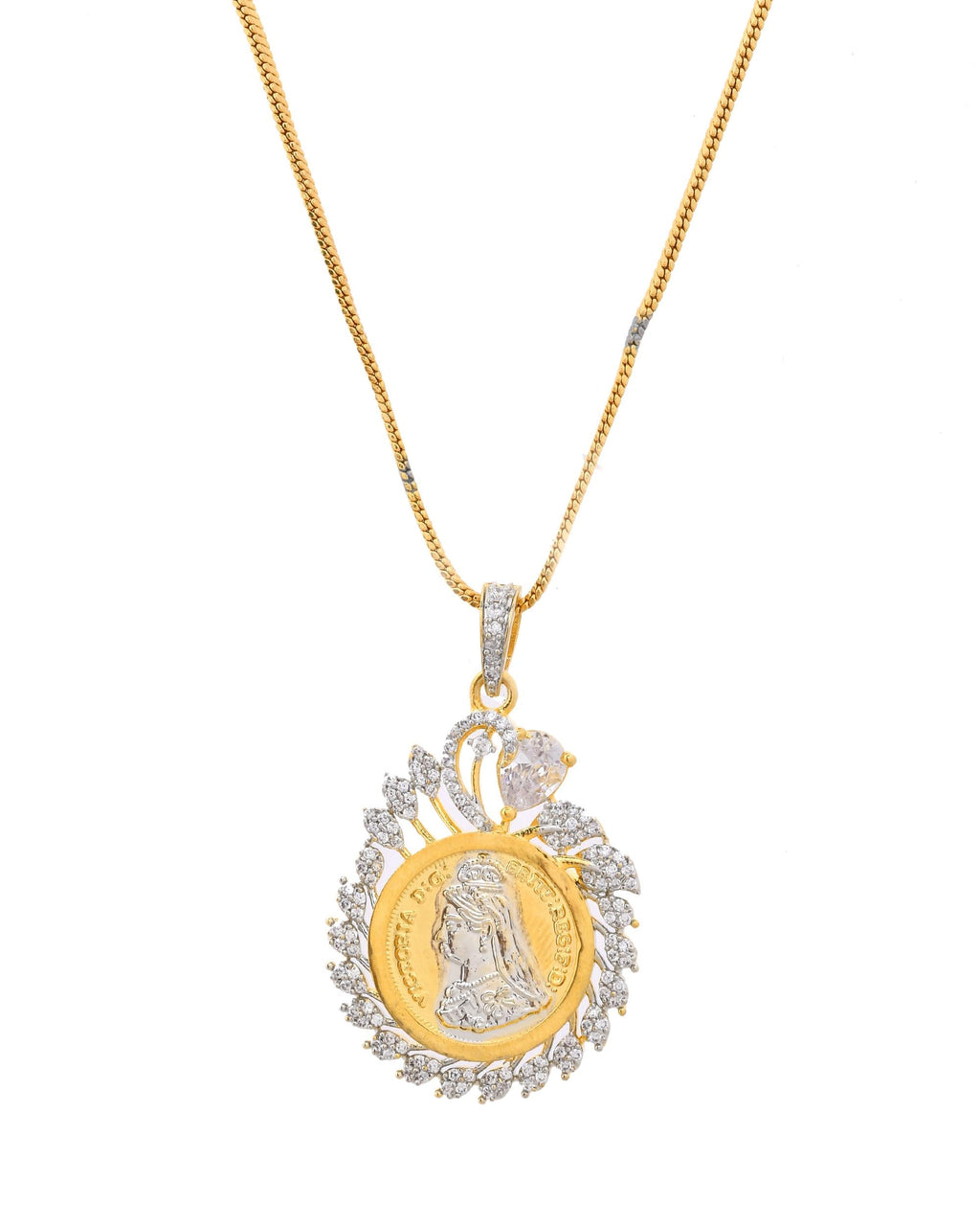 VOJ Dual Toned Ad-Studded Pendant With Chain And Earrings Set