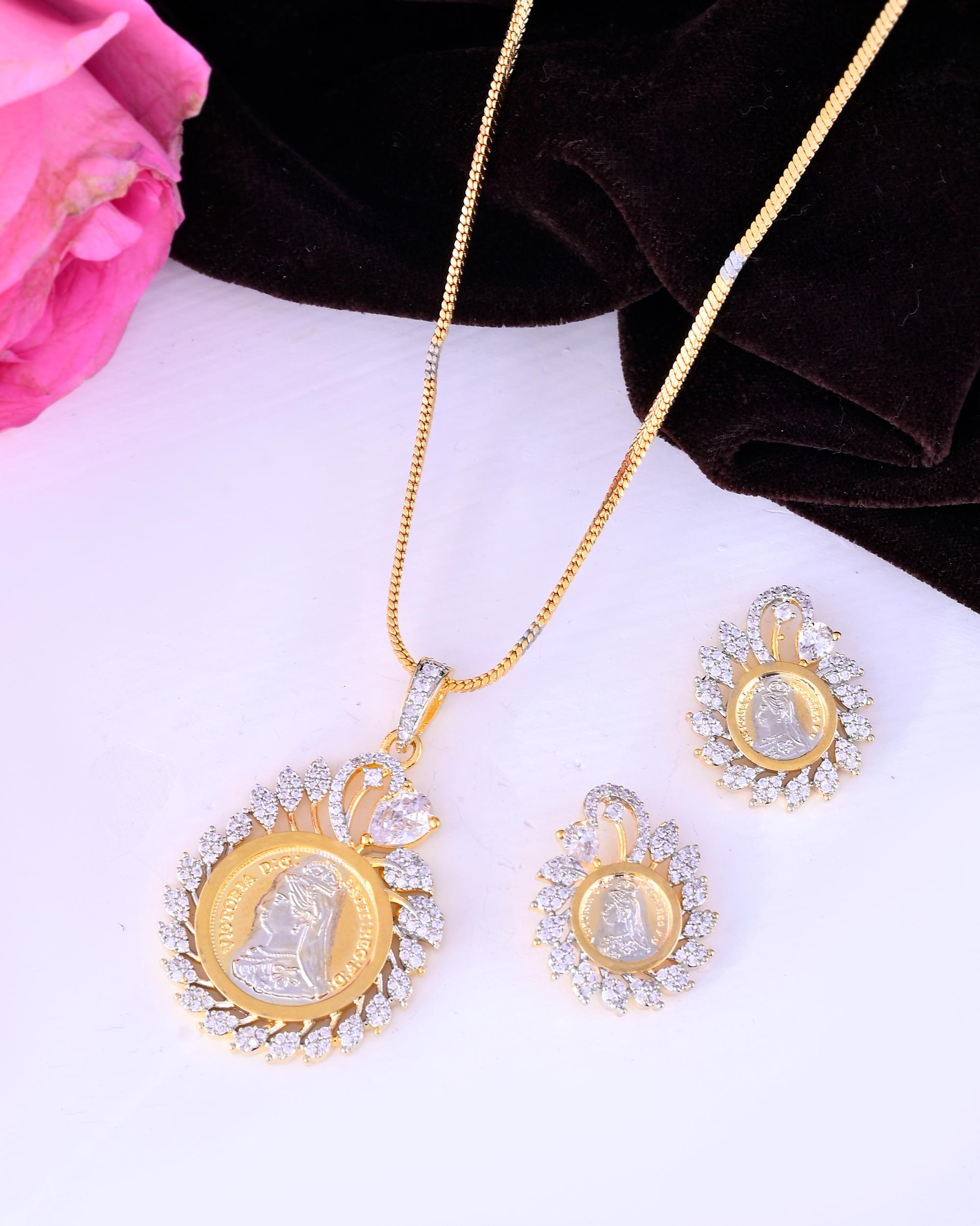 VOJ Dual Toned Ad-Studded Pendant With Chain And Earrings Set