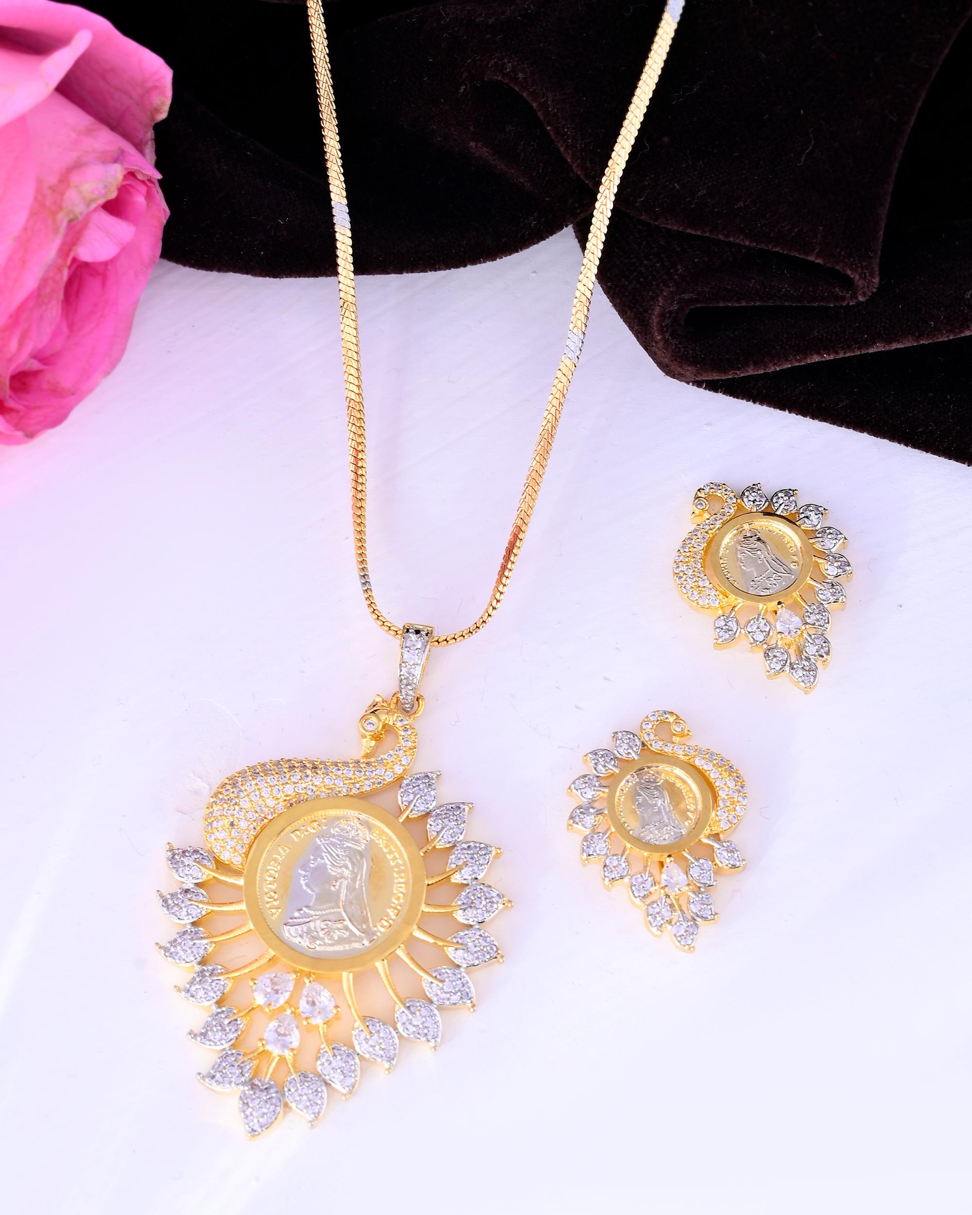 VOJ Dual Toned Ad-Studded Peacock Shaped Chain Set