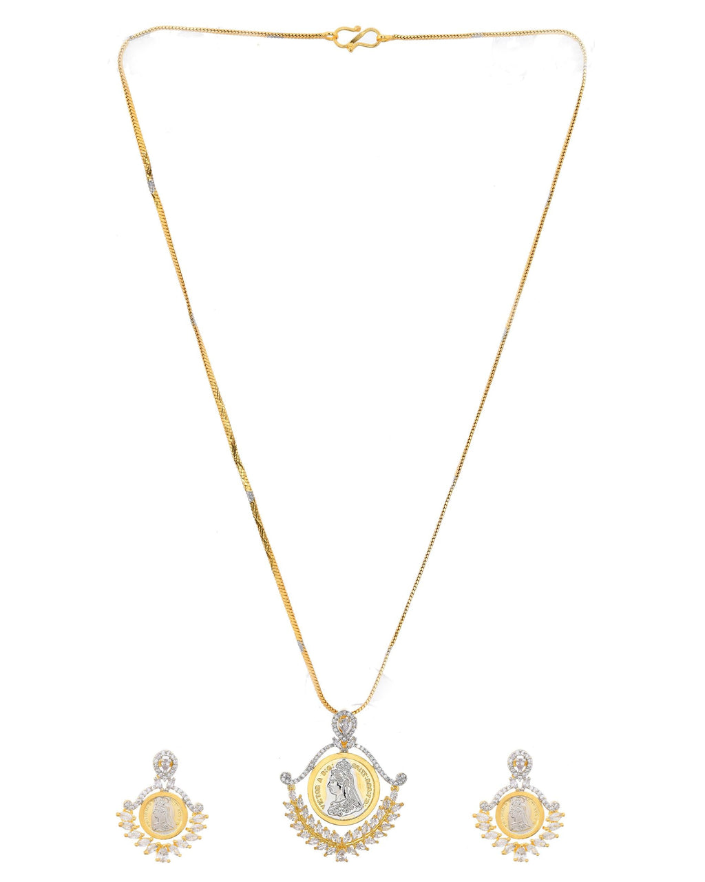 VOJ Dual Toned Ad-Studded Designer Pendant With Chain And Earrings Set