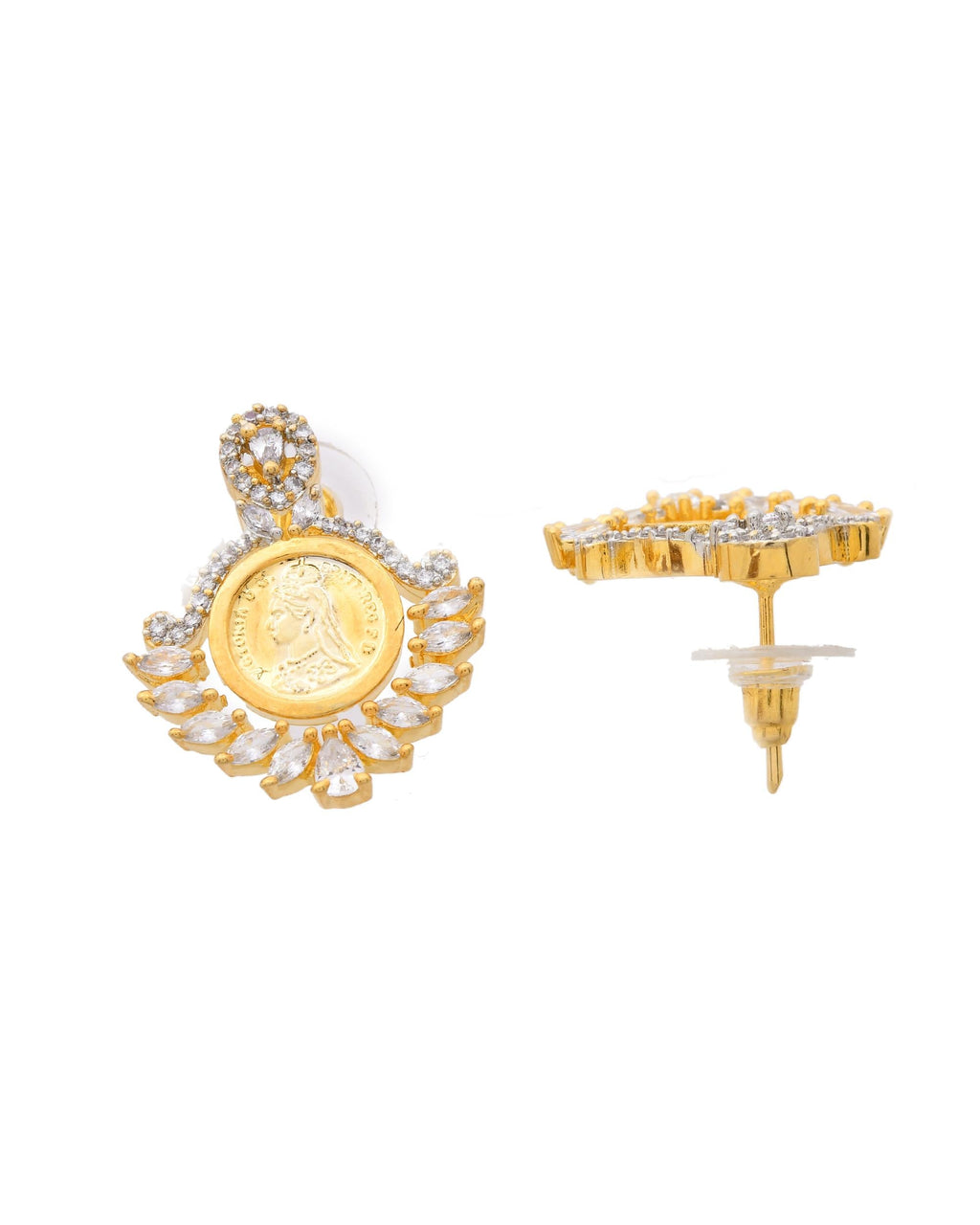 VOJ Dual Toned Ad-Studded Designer Pendant With Chain And Earrings Set