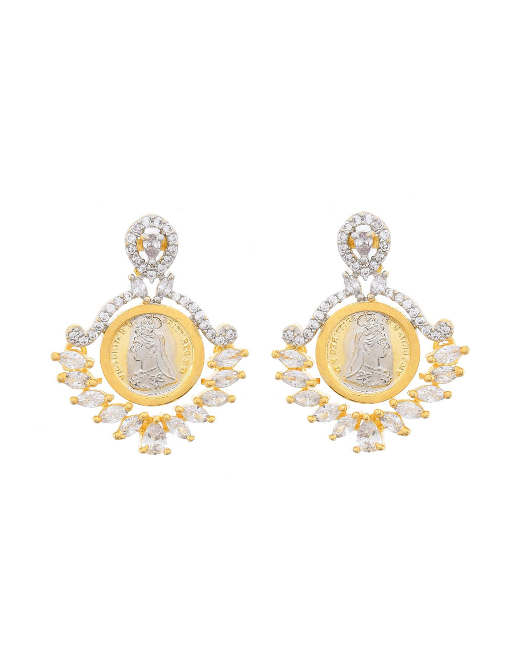 VOJ Dual Toned Ad-Studded Designer Pendant With Chain And Earrings Set