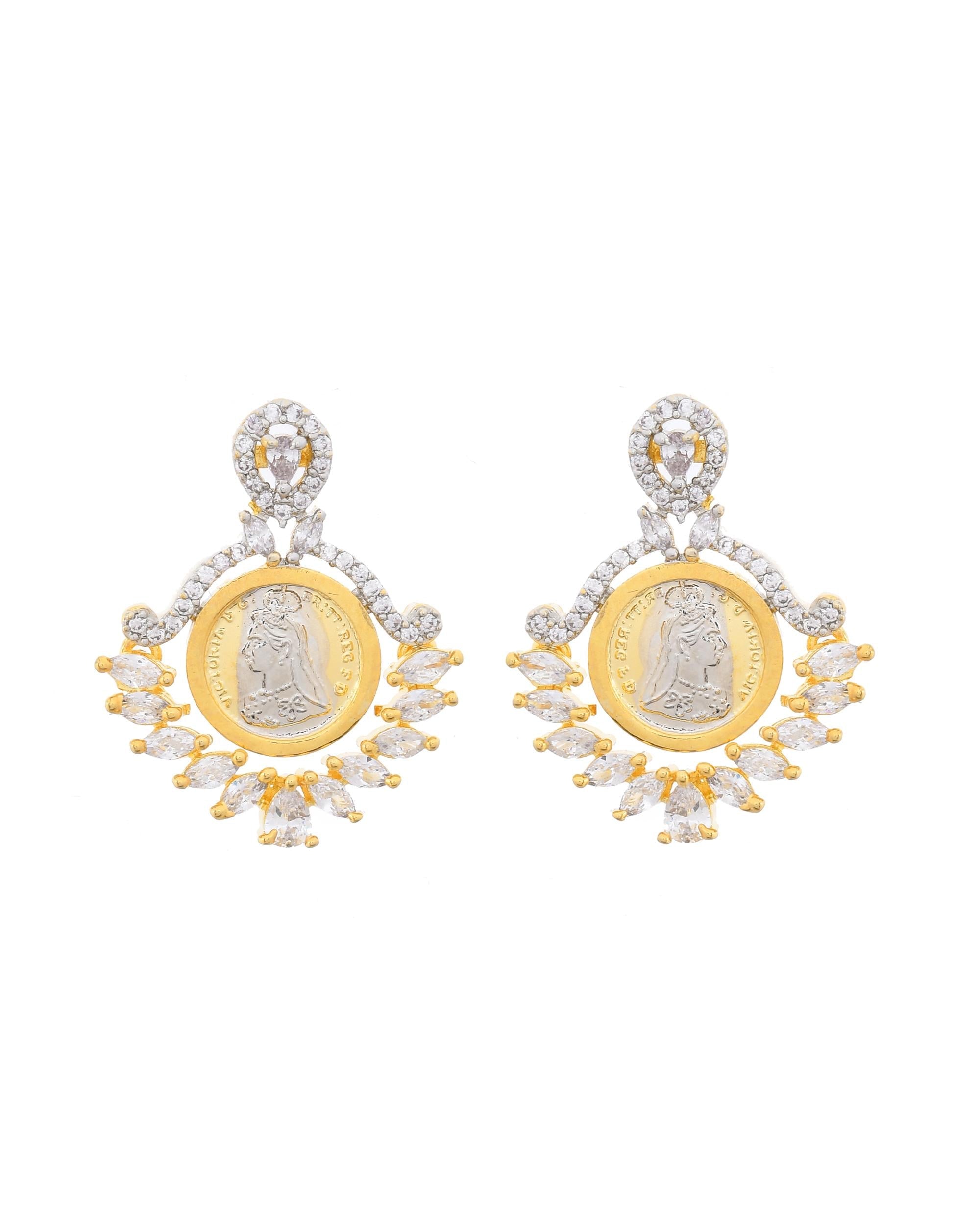 VOJ Dual Toned Ad-Studded Designer Pendant With Chain And Earrings Set