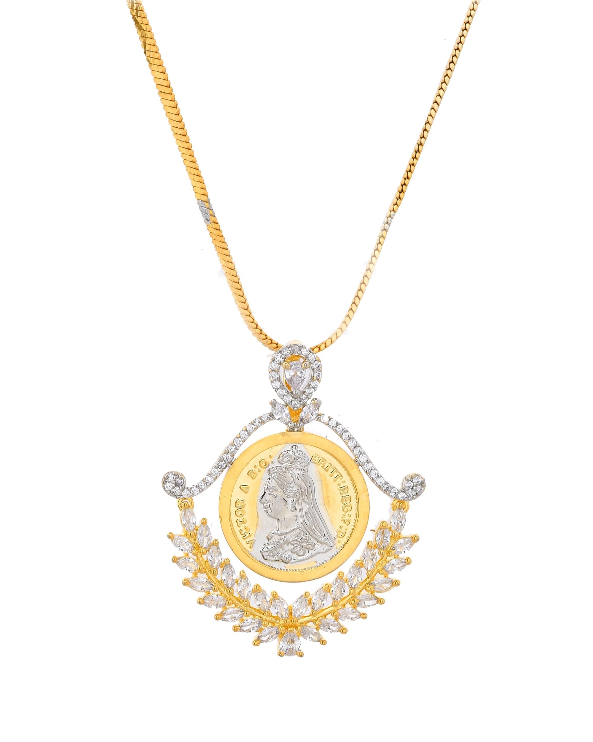 VOJ Dual Toned Ad-Studded Designer Pendant With Chain And Earrings Set