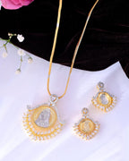 VOJ Dual Toned Ad-Studded Designer Pendant With Chain And Earrings Set