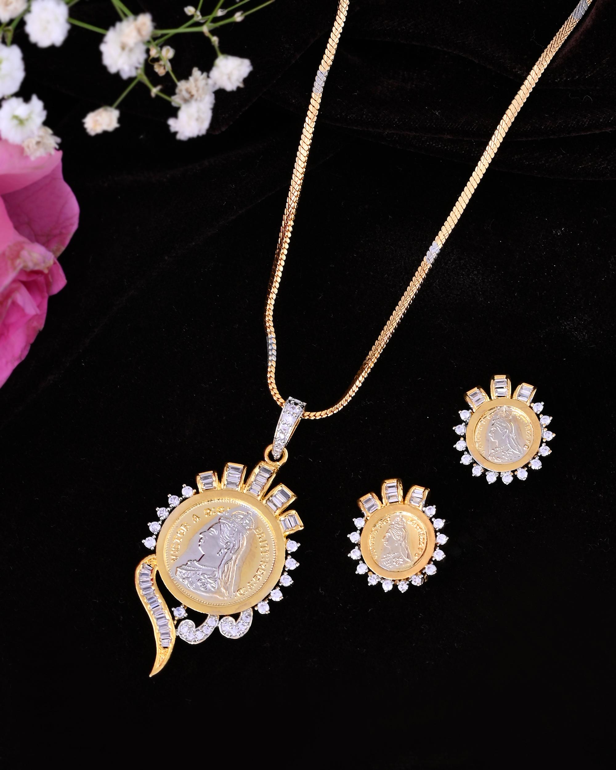 VOJ Dual Toned Ad-Studded Gold-Polished Coin Chain Set