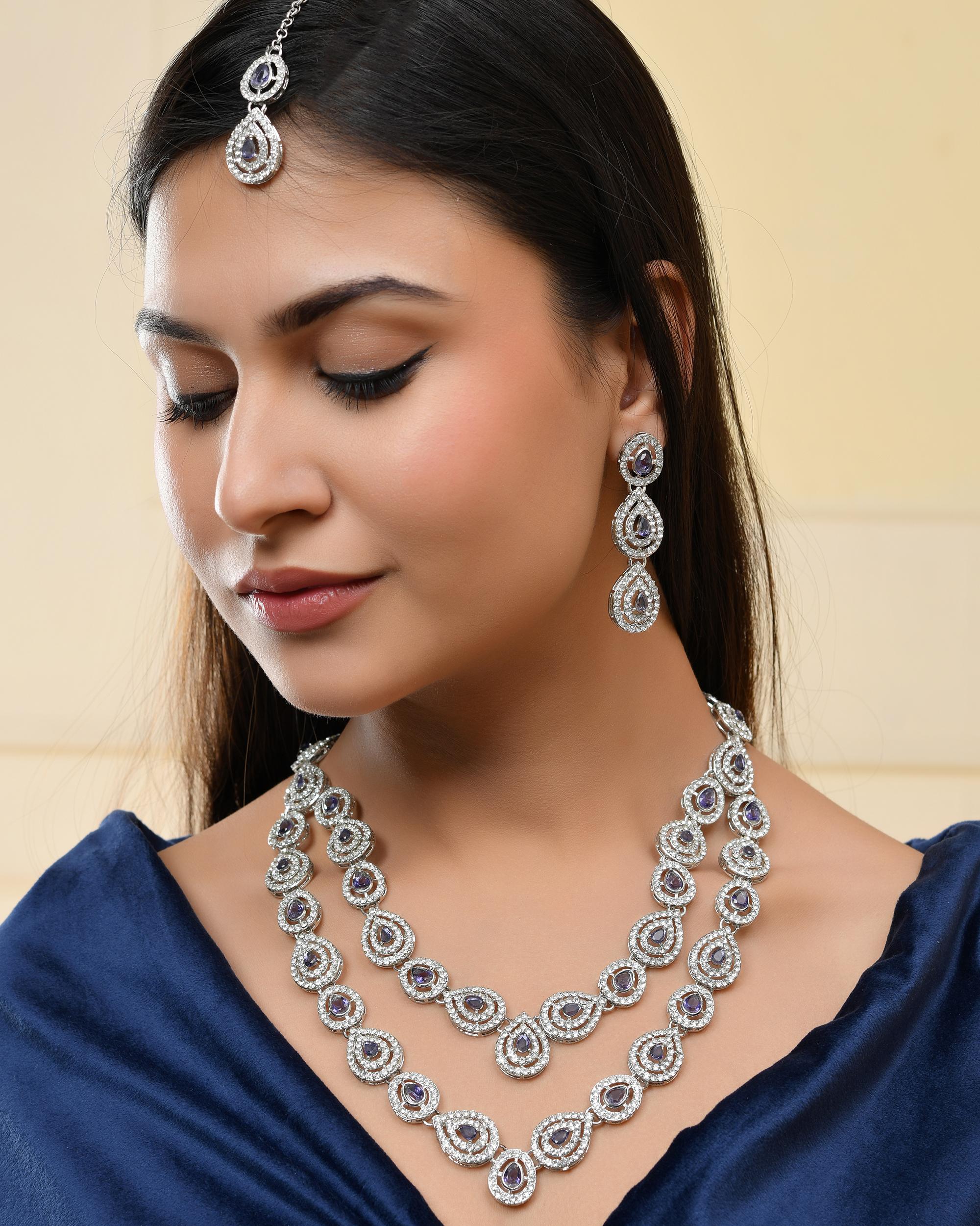 VOJ Silver Plated Stainless Steel American Diamond Studded Jewellery Set