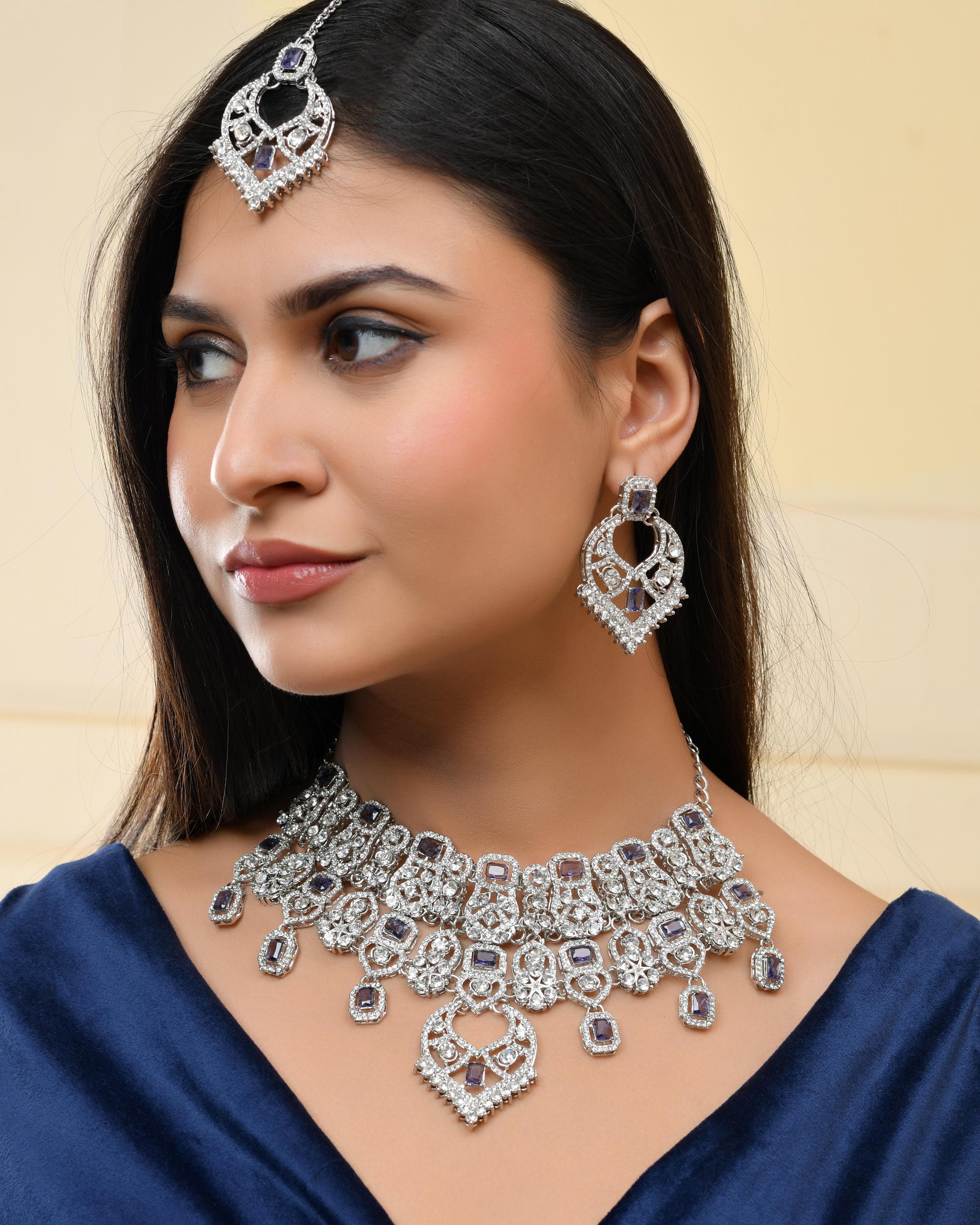 VOJ Silver-Plated American Diamond-Studded Jewellery Set