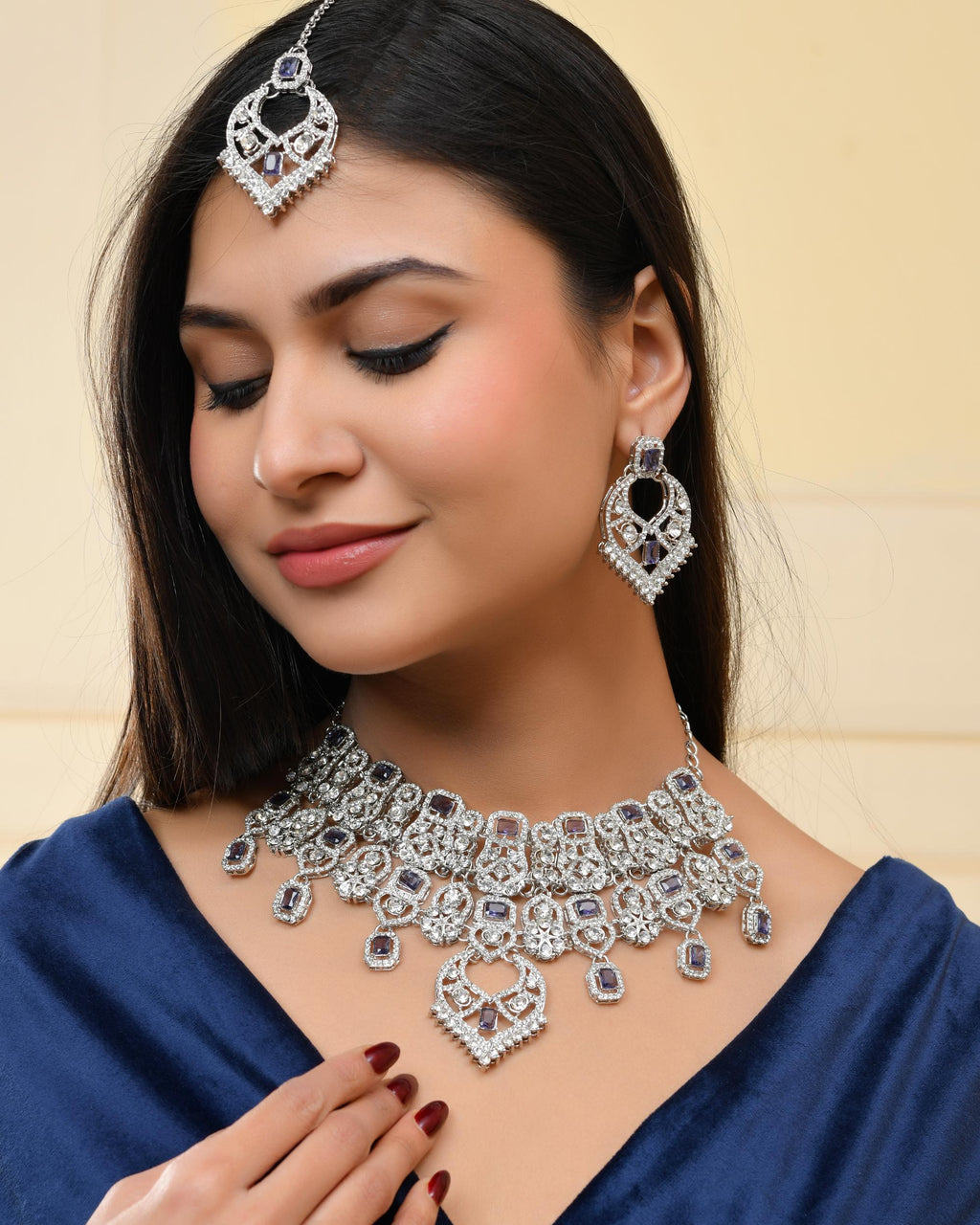 VOJ Silver-Plated American Diamond-Studded Jewellery Set