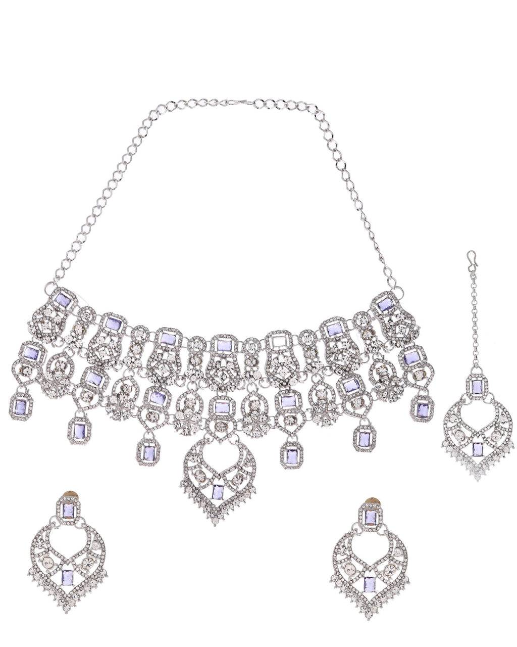 VOJ Silver-Plated American Diamond-Studded Jewellery Set