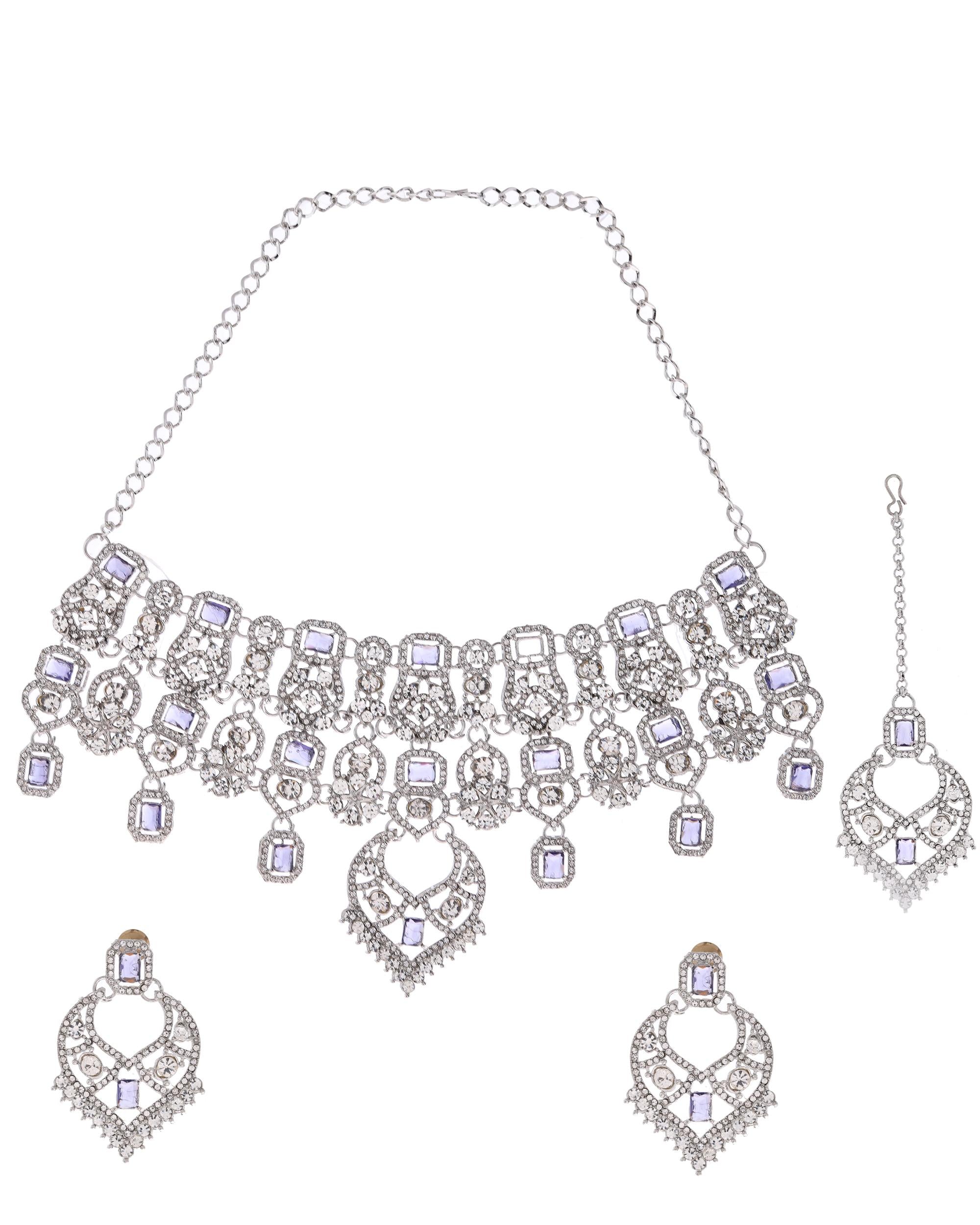VOJ Silver-Plated American Diamond-Studded Jewellery Set