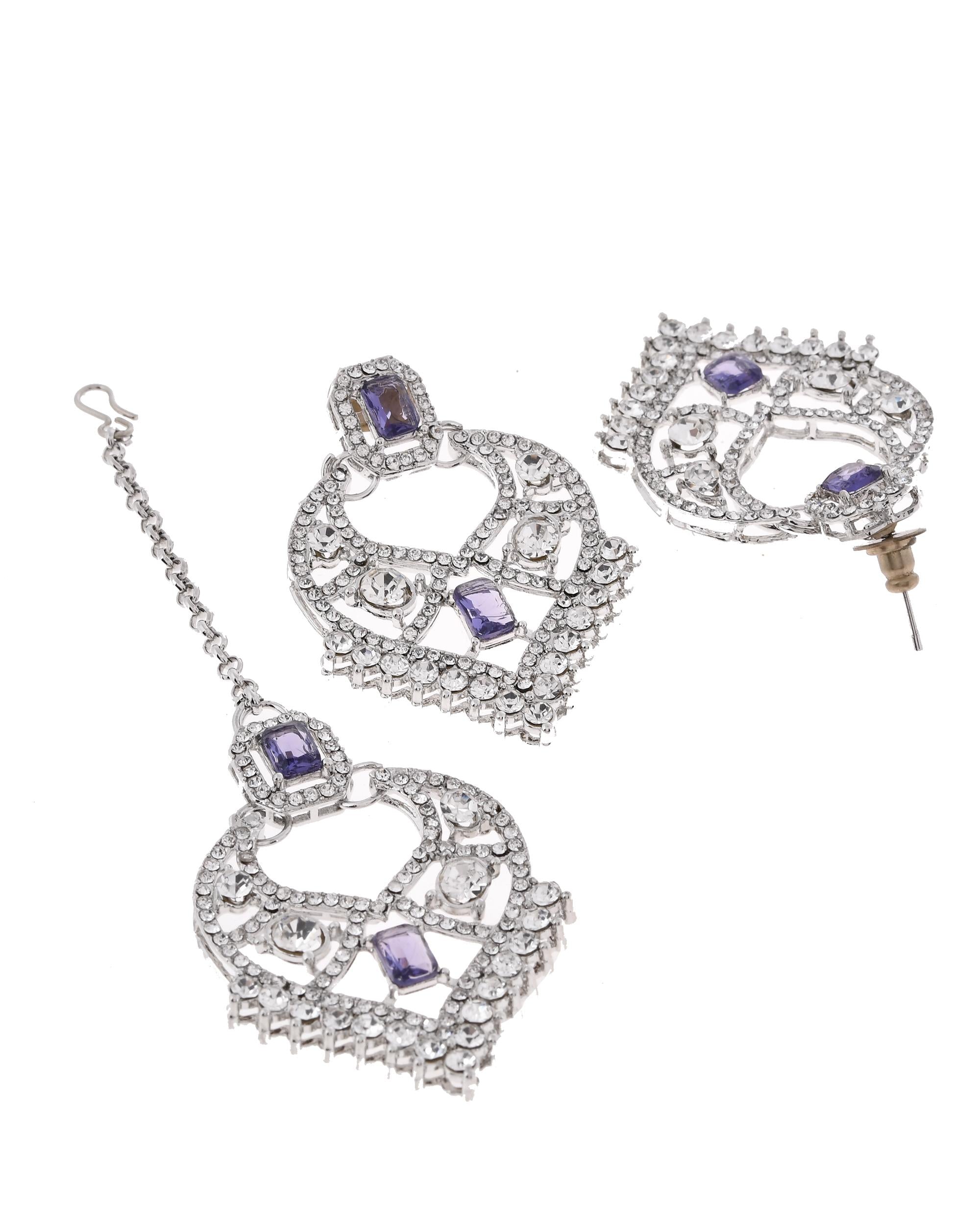 VOJ Silver-Plated American Diamond-Studded Jewellery Set