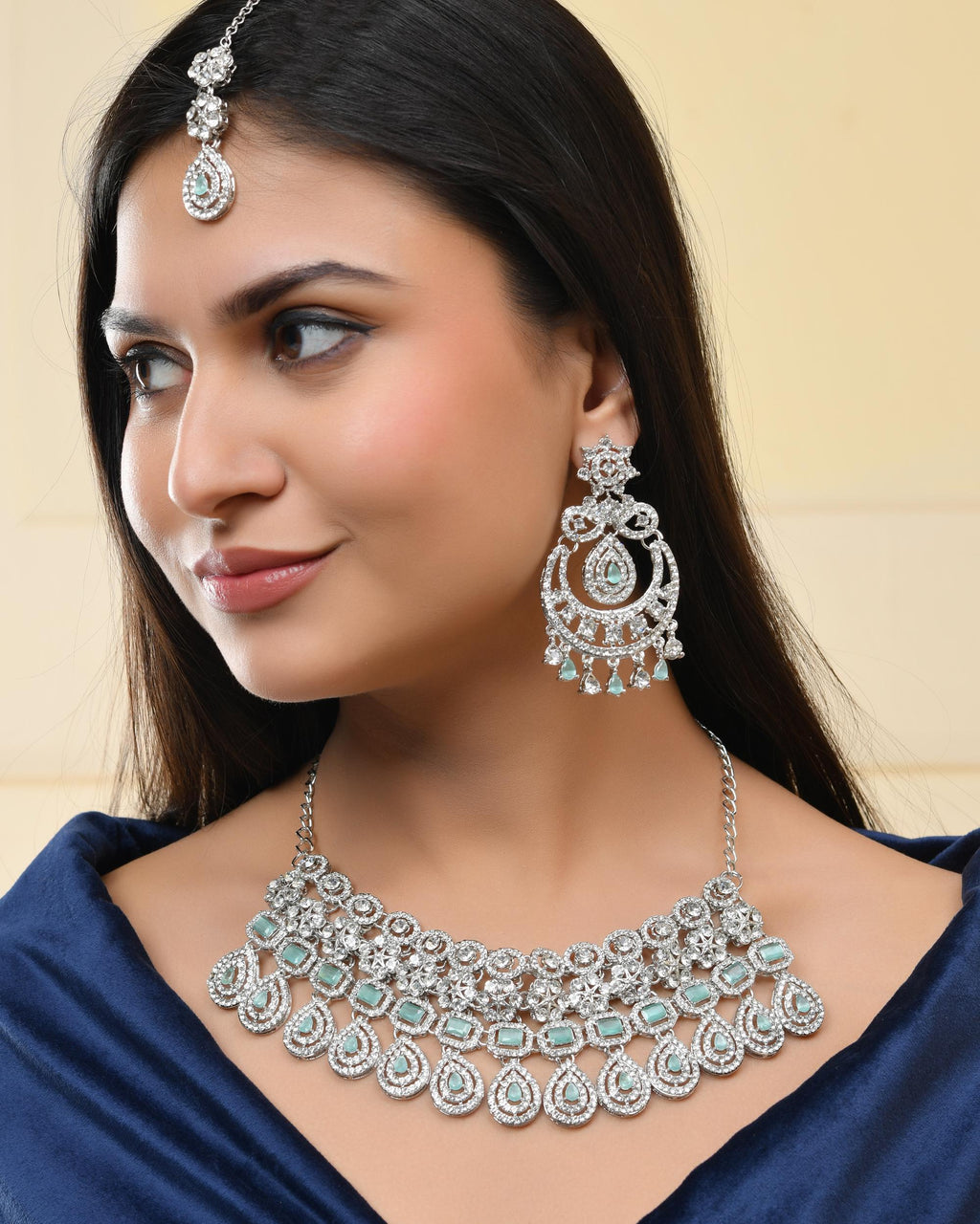 VOJ Silver-Plated American Diamond Studded Jewellery Set