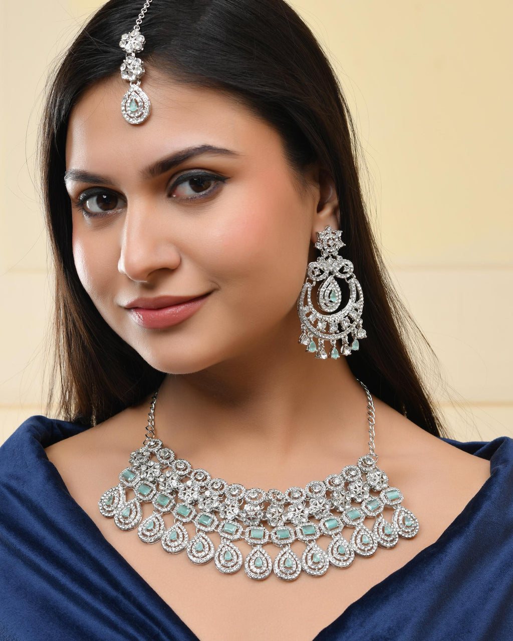 VOJ Silver-Plated American Diamond Studded Jewellery Set