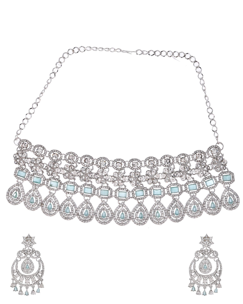 VOJ Silver-Plated American Diamond Studded Jewellery Set
