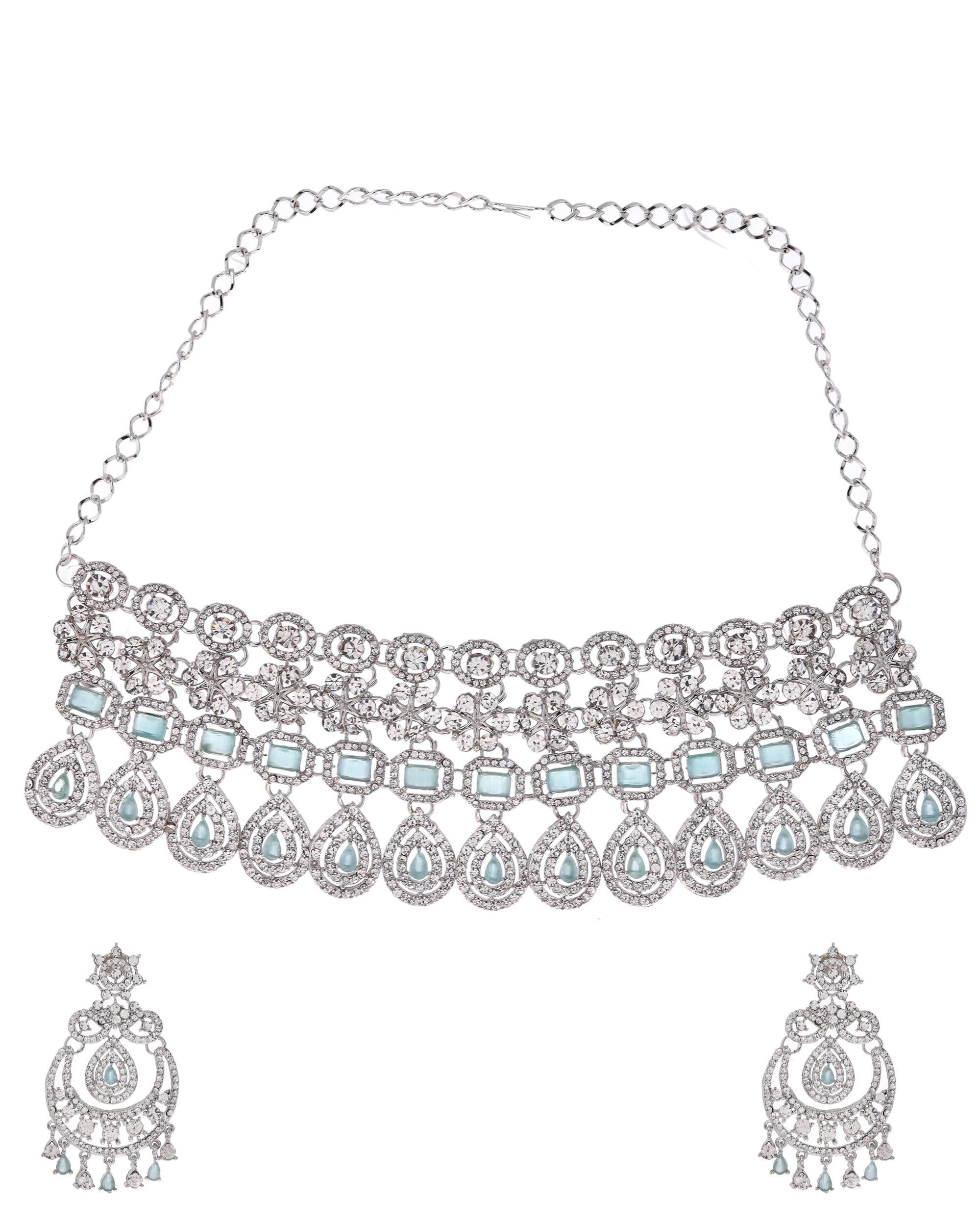 VOJ Silver-Plated American Diamond Studded Jewellery Set