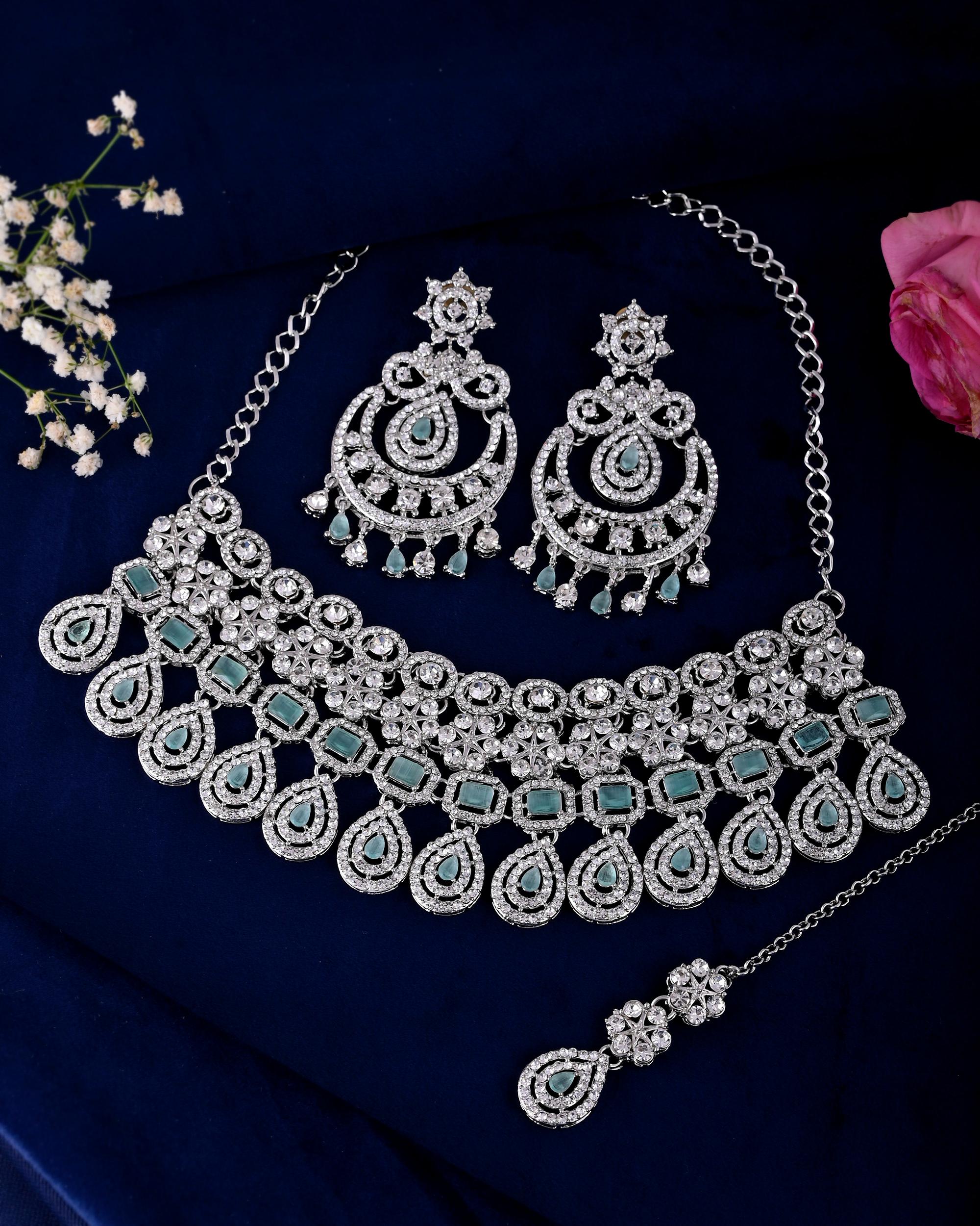 VOJ Silver-Plated American Diamond Studded Jewellery Set