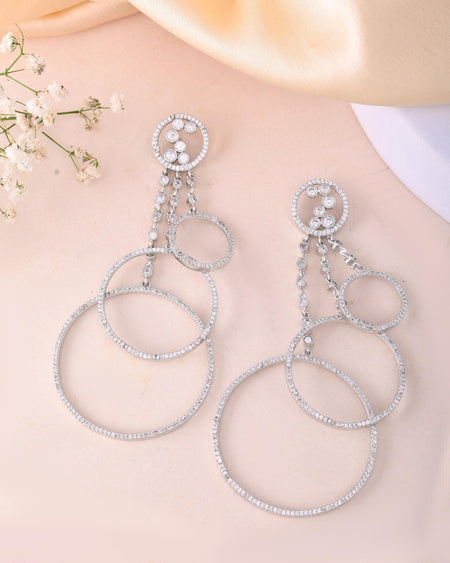 VOJ Silver Plated Ad Stone Studded Crescent Shaped Long Drop Earrings