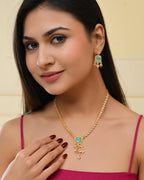VOJ Gold-Polished Ad-Studded Sea Green Stone Jewellery Set