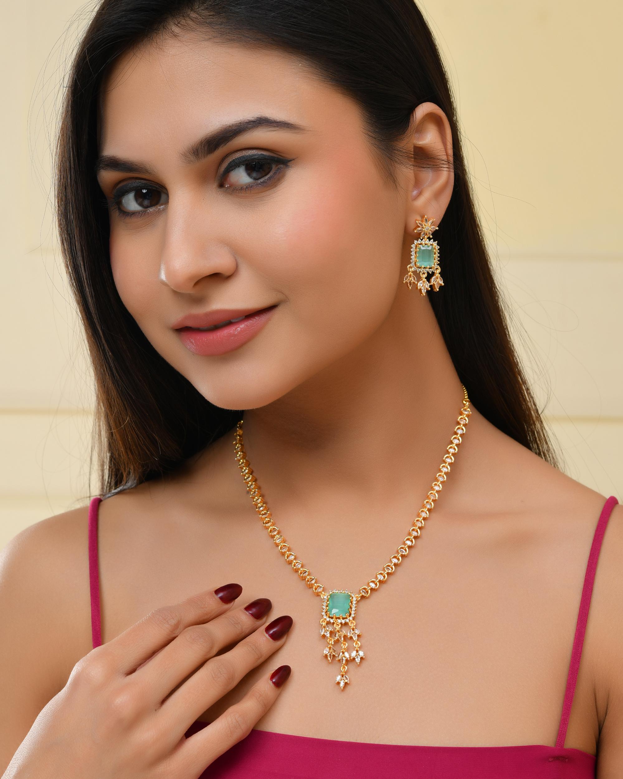 VOJ Gold-Polished Ad-Studded Sea Green Stone Jewellery Set