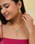VOJ Gold-Polished Ad-Studded Sea Green Stone Jewellery Set