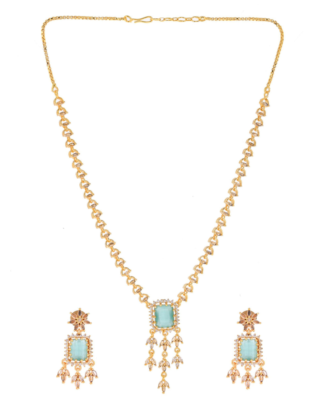 VOJ Gold-Polished Ad-Studded Sea Green Stone Jewellery Set