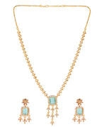 VOJ Gold-Polished Ad-Studded Sea Green Stone Jewellery Set