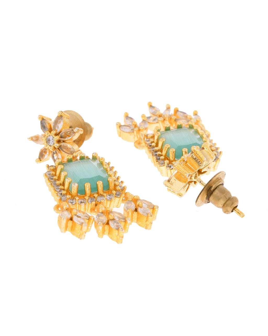 VOJ Gold-Polished Ad-Studded Sea Green Stone Jewellery Set