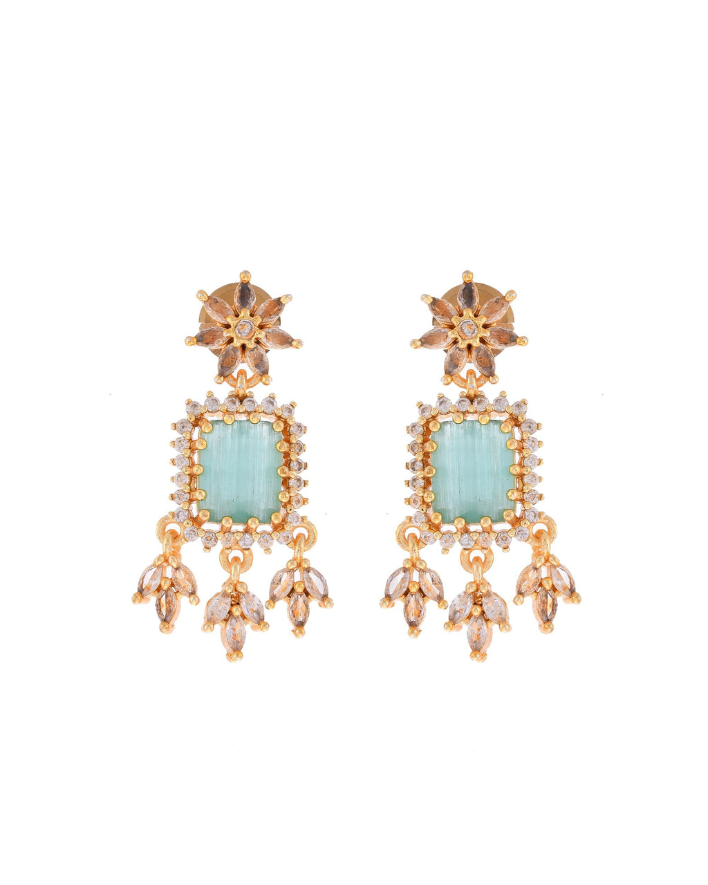 VOJ Gold-Polished Ad-Studded Sea Green Stone Jewellery Set