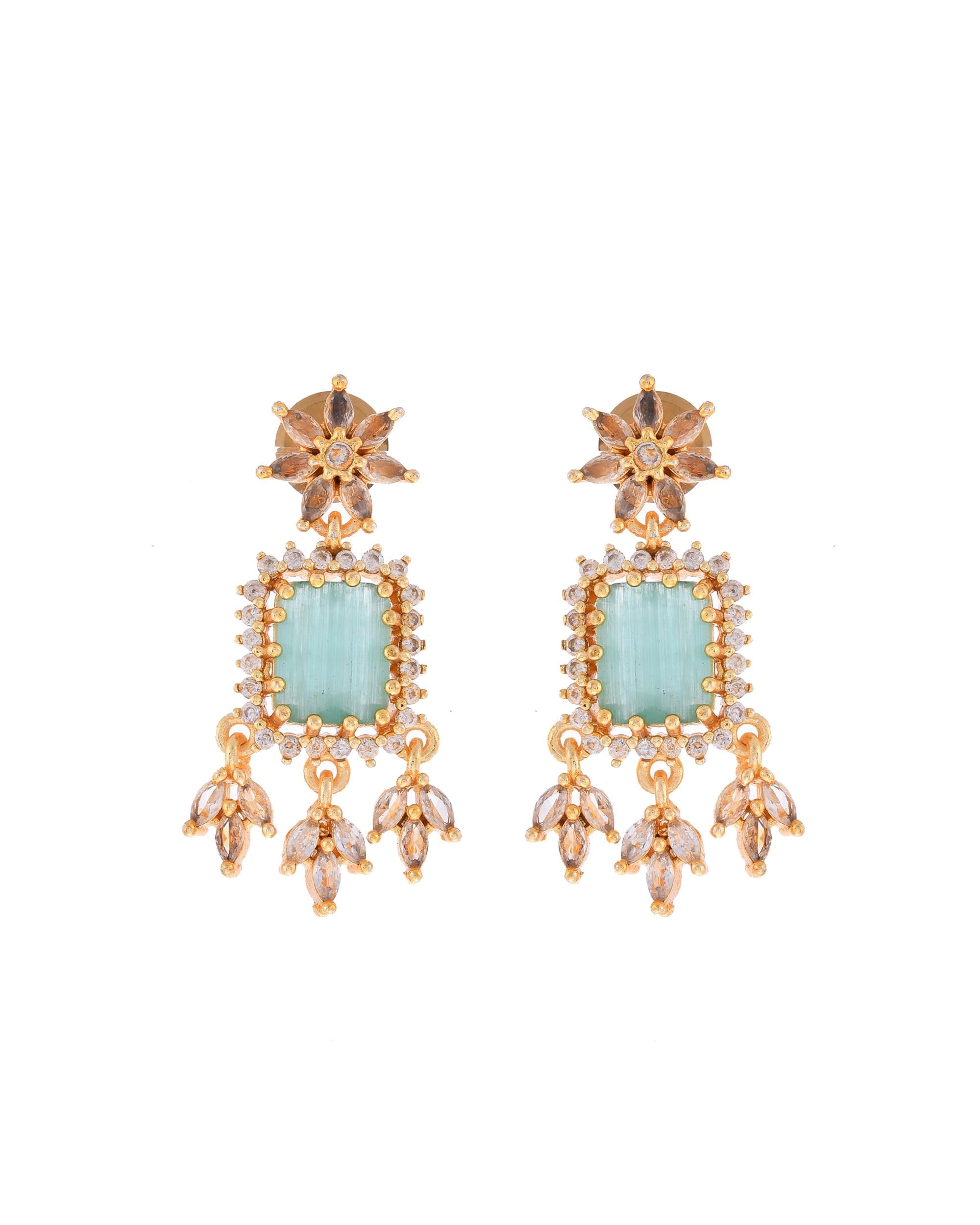 VOJ Gold-Polished Ad-Studded Sea Green Stone Jewellery Set