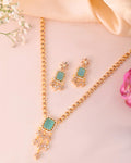 VOJ Gold-Polished Ad-Studded Sea Green Stone Jewellery Set